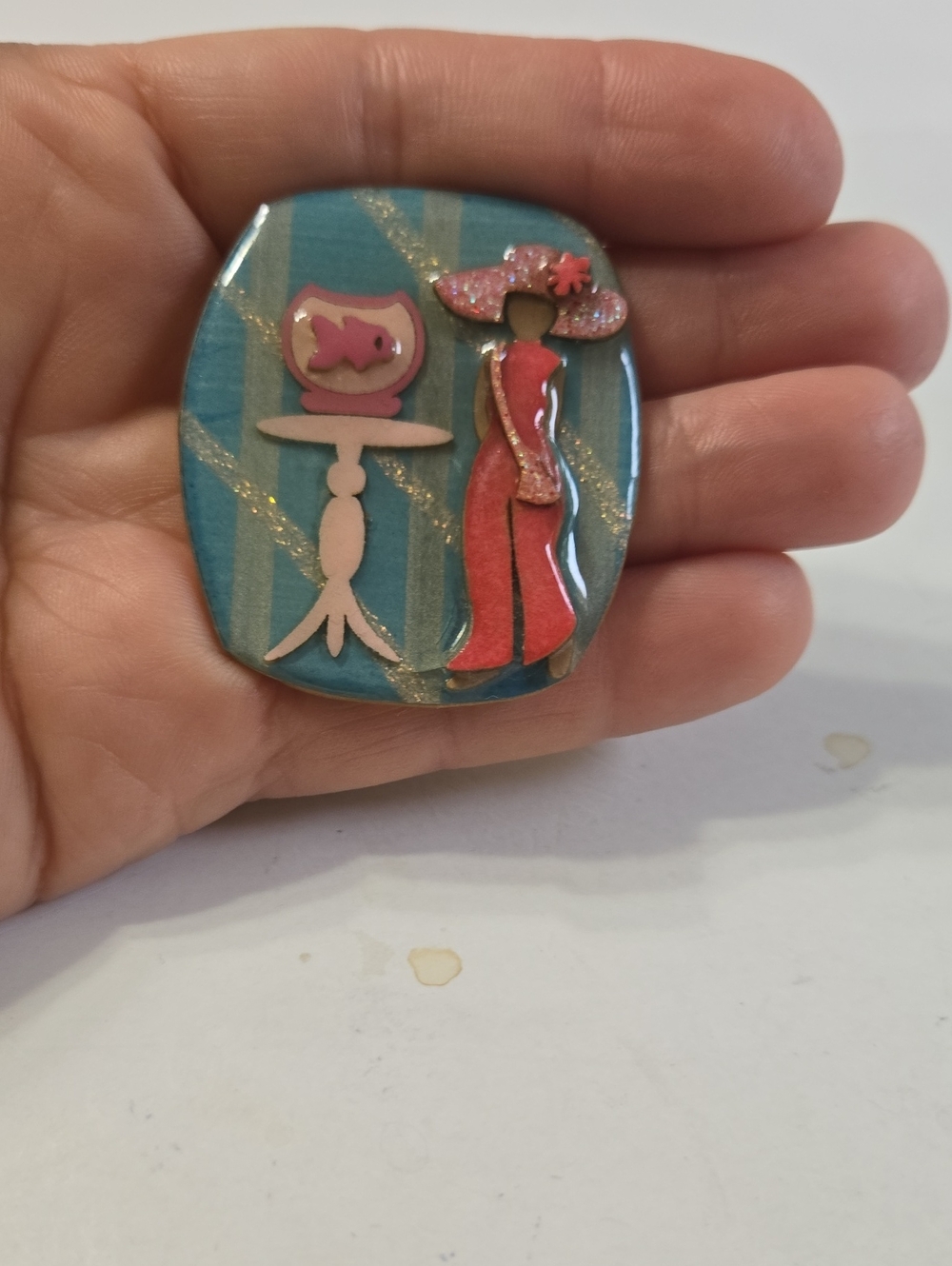 Vintage LUCINDA Women's Pins Brooch Pink Lady & Fishbowl Decorative Pet Accent